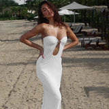 Amfeov Sexy Strapless Cut Out Bodycon Maxi Dress Women Off Shoulder Backless Solid White Sundress 2024 Summer Beach Y2K Clothe