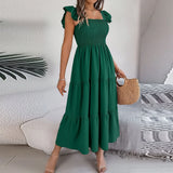 2024 Summer Solid Tank Long Dress For Women Square Collar Sleeveless A-Line Maxi Dress Backless Slim Waist Pleated Beach Dresses