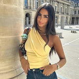 Amfeov Y2K Casaul Solid Color Summer Women T Shirt Pullover Slash Neck One Shoulder Sleeveless Crop Tops Ruched Slim Basic El