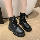 Amfeov 2024 Summer Autumn Women Ankle Boots Classic Beige Black Leather Gothic Punk Shoes Mid Heels Short Combact Boots Platform Shoes