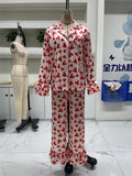 Amfeov Women’s 2 Piece Satin Pajama Set Sweet Ruffle Long Sleeve Heart Print Button Up Shirt + Pants Outfits Sleepwear Loungewear Pjs