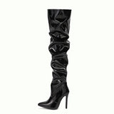 Amfeov Women Over The Knee Boots High Heels Patent Leather Solid Pointed Toe Stiletto Side Zipper Sapatos Femininos