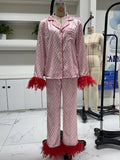 Amfeov Women Satin Pajama Set Loungewear Fall Spring Heart Print Feather Cuff Long Sleeve Lapel Buttons Tops with Long Pants Sleepwear