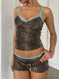 Amfeov Women 2 Piece Shorts Set Leopard Print Lace Patchwork Camisole with Low Waist Shorts Summer Outfit Sexy Pajamas Matching Set