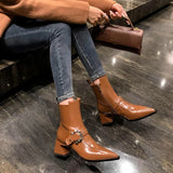 Amfeov NEW Autumn Women Boots Split Leather Shoes for Women Pointed Toe Chunky Heel Shoes Zipper Short Boots Belt Buckle Modern Boots