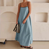 Amfeov Summer Casaul Spaghetti Strap Long Dress Women Square Collar Sleeveless Maxi Dress Loose Fit Backless Female Dresses Vestidos