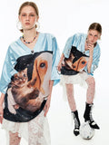 Back To School Amfeov American Retro Cat Print Oversize T Shirt Funny Doggy Graphic Satin Patchwork Basketball Jersey Cutecore Sports Clothing