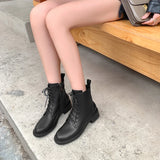 Amfeov NEW Fall Shoes Women Split Leather Boots Round Toe Chunky Heel Women Boots Winter Solid Lace-up Ankle Boots Western Boots Women