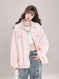 Black Friday Amfeov Kawaii Baseball Jackets for Women Lapel Patchwork Button Up Casual Top Coat Japanese Style Fashion Autumn Winter Clothes