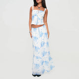 Back To School Amfeov Women's 2Piece Summer Flower Print Outfit Square Neck Hook and Eye Crop Tank Tops+Drawstring Low Waist Long Skirt Set