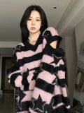 Black Friday Amfeov Harajuku Striped Sweater Oversize Y2k Style Pink Detachable Sleeves Star Print Jumpers Gothic Winter Korean Alt Clothes