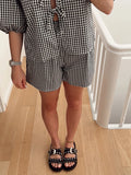 Amfeov Women Shorts Set Summer Short Puff Sleeve V Neck Bow Tie-up T-shirt with Elastic Waist Shorts Plaid Casual Loose Outfits Lounge