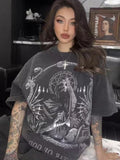 Back To School Amfeov Grey Printed Oversized T Shirt Women Punk Streetwear Harajuku Short Sleeve Tees American Retro Casual Grunge Clothes