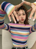 Black Friday Amfeov Long Sleeve Striped Sweater Off Shoulder Jumpers for Women 2024 Kawaii Pullover Y2k Korean Style Sweet Girls Top Fashion