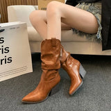 Amfeov Female Western Boots Cowboy Boots Women Plested Women Ankle  Pu Leather Shoes Autumn Boots Women Booties Lady Plus Size 42