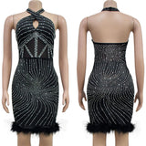 Black Nude Mesh Feather Rhinestone Short Prom Dresses Sleeveless Backless See Through Night Club Evening Gowns Party Sexy Dress