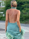 Back To School Amfeov Women Glitter Sequin Feather Hem Patchwork long Dress Sexy Backless Off Shoulder Halter Dresses 2024 Female Elegant Party Robes