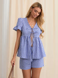 Amfeov Women's Summer Plaid Outfits Ruffled Short Sleeve Tie-Up Front Peplum Tops with Elastic Waist Shorts Set Streetwear Loungewear