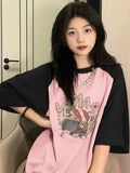 Back To School Amfeov Pink Patchwork Print Women T Shirt Y2k O-neck 100% Cotton Tees Harajuku Graphic Kawaii Tops Korean Aesthetic Clothes New