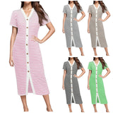 Amfeov Casual Summer Striped Printed Long Dress For Women V-Neck Short Sleeve Maxi Dress Female Button Up Slim Fit Bodycon Dresses