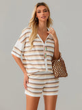 Amfeov Women Pajamas Set 2 Pieces Loungewear Suits Summer Striped Contrast Color Button Crochet Knit Tops and Shorts Lounge Sets Beach