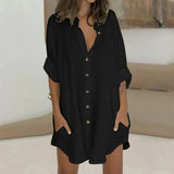 Casual Sloid Shirt Dress Women Turn-Down Collar Long Sleeve Knee-Length Dress Summer Button Female Loose Dresses Holiday