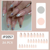 Amfeov 24pcs/box Fake Nails Y2k Short-Length Stiletto With Silver Star Spots Wearable False Nails Set Press On Long Almond French Tips August Nails 2024