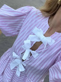 Amfeov Women Short Sets Striped Short Puff Sleeve Tie-up Bow Shirt with Elastic Waist Shorts Summer Outfit Casual Lounge Set Streetwear