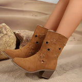 Amfeov 2024 Women's Summer Retro Round Toe Chunky Heels Vegan Suede Western Boots with Hollow Design and Rivets Cowboy Boots Shoes