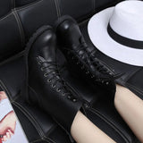 Amfeov New Buckle Winter Motorcycle Boots Women British Style Ankle Boots Gothic Punk Low Heel ankle Boot Women Shoe Plus Size iok8