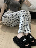 Back To School Amfeov Y2k Kawaii Cat Print Flared Pants Women Cute Dog Graphic Sweatpants Japanese Harajuku High Waist Bell Bottoms Trousers