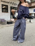 Black Friday Amfeov Navy Blue Skew Collar Sweatshirt Women Letter Print Oversized Streetwear Hoodie Wide Leg Plaid Pants Two Peice Sets Chic