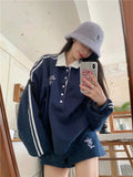 Black Friday Amfeov Striped Patchwork Hoodies Women Navy Turndown Collar Oversized Sweatshirt Sporty Chic Autumn Korean Uniform Clothes Chic