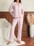 Amfeov Women Pajama Set Valentine's Day Sweet Heart Print Long Sleeve Button Closure Tops with Pants Sleepwear Loungewear Casual Daily