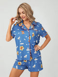 Amfeov Women Cute Print Blue Pajama Sets Summer Loose 2 Piece Short Sleeve Lapel Butoon Up T-shirts + Shorts Suits Loungewear Sleepwear