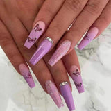 Amfeov Nail Inspo 2024 Summer 24Pcs/Box Long French False Nail Ballerina Fake Nails Pink Butterfly Pattern Square Nail Decal False Nails Press On Nail Tips