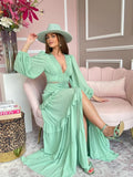 Back To School Amfeov Elegant Hollow Lace Spliced Chiffon Ruffle Long Dress Women Sexy Deep V-neck Lantern Sleeves Maxi Dresses 2024 Lady Party Robes