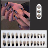 Amfeov 24pcs Long Ballet Coffin Wearable Dark Black Star French False Nails Full Cover Rhinestones Fake Nails Set Press On Nail Tips August Nails 2024