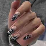 Amfeov Nail Inspo 2024 Summer 24pcs Fake Nails Stiletto Almond Ballet Tip Black White Graffiti Vintage Gradient Press on Nails Full Cover Detachable Nail Tip