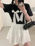 Back To School Amfeov Black Bow Lace Up T Shirts for Women O-neck Short Sleeve Loose Casual Tops Korean Fashion Chic Aesthetic Clothing Summer