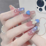 Amfeov 24pcs Fake Nails Y2k Korean Gradient False Nails Set Press on Nails Rhinestone Wearable Long Coffin Artificial Nails Nail