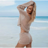 Amfeov Sexy Beach Crop Top Shorts Sets Women Knit Long Sleeve Lace Up Female Suit Summer Holiday See Through 2 Piece Set Womens