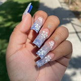 Amfeov 24pcs Y2k Summer Sea Blue Gradient Fake Nails With Water Ripples Designs Long Square Coffin False Nails Set Press On Nail Tips August Nails 2024