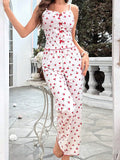 Amfeov Women Sexy Sheer Mesh Loungewear Pajama Sets Cherry Heart Print Cami Tops with Elastic Waist Pants 2 Pieces Set Summer Sleepwear