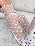 Amfeov Women Sexy Sheer Mesh Loungewear Pajama Sets Cherry Heart Print Cami Tops with Elastic Waist Pants 2 Pieces Set Summer Sleepwear