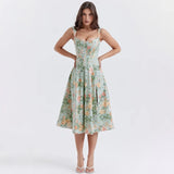 Amfeov Summer Dress Women 2024 Green Lace Up Floral Print Dress Elegant with Boning Casual Party Holiday Dress High Quality