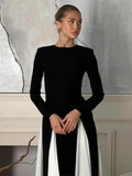 Back To School Amfeov Elegant Black White Patchwork Maxi Dresses Women Fashion O-neck Long Sleeves Slim Dress New Female Evening Party Robes