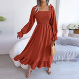 Amfeov Casual Square Collar Women'S Flared Dress Elegant Swing Ruffle Long Skirt Black Red Resort Travel High Waist Pleated Dresses