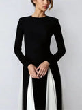 Back To School Amfeov Elegant Black White Patchwork Maxi Dresses Women Fashion O-neck Long Sleeves Slim Dress New Female Evening Party Robes