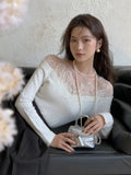 Black Friday Amfeov White Off Shoulder Knit Sweater Women Lace Transparent Mesh Long Sleeve Crop Pullovers Fairycore Aesthetics Clothes Chic